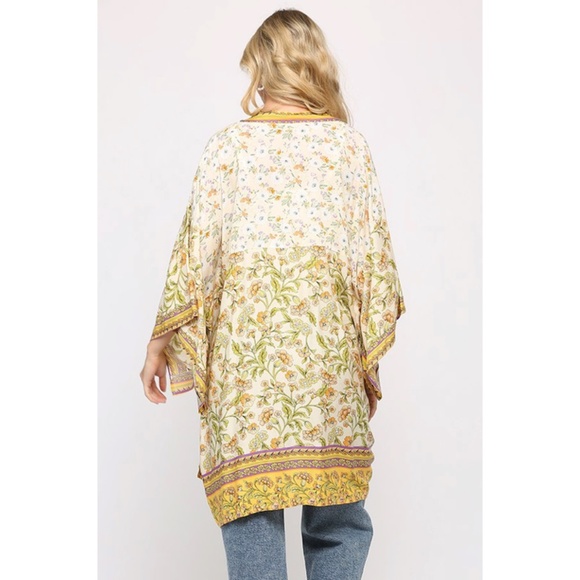 SOLD OUT Yellow Golden Bohemian Floral 3/4 Sleeve Open Kimono Casual Wrap - Picture 4 of 5